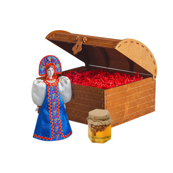 Подарочный набор: кукла фарфоровая, мед, синий